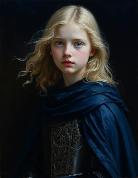 Minimalist painting of a girl wearing plain black full plate mail armor, wearing an intricate filigreed dark blue cloak, by Albert Lynch, Abbott Handerson Thayer, highly detail, best quality, innocent, serene, white skin, pale skin, blue eyes, long flowing blond hair, ultra detailed, romantic, Rembrandt lighting