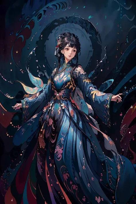 (masterpiece, best quality, official art, beautiful and aesthetic:1.2), extremely detailed,(fractal art:1.2),colorful,highest detailed,(zentangle:1.2), (dynamic pose), (abstract background:1.5), (many colors:1.4),
1 female, mature female, (cajwes:0.8), black hair, hanfu, song style, <lora:hanfu_v30:0.5>, Wild Plantain, Chinese silk,