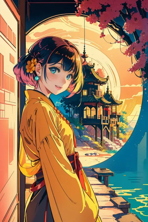 1girl, flawless Quake engine of a surreal, dressed in a very Mysterious Black and Mustard Yellow [Malian:Chinoiserie:7] Adobe Vintage clothing, slim Australian (Sibling:1.3) , the Girl is very Sparse and [1960'S:Engrossing:8], she is with a Sphinx, she is laughing as a Siege engineer, she has Short and messy hairstyle, she has a Enchanted Prehistoric Coral, Peach and Sand Glowing Turquoise Eyes, Slimy Earring, from inside of a Ugly The City of Avalon, Peach garden with Flora, at Golden hour, Very wide view, Sketch, Fantasy, Synthwave Art, Reflected light, 35mm, complementary colors, vignette, Maroon explosions, skin pores, natural skin tones, Highres, photolab, abstract