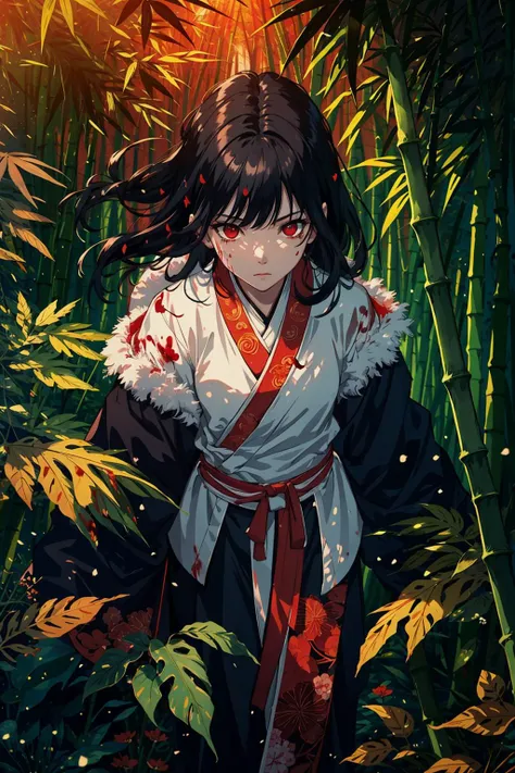 Ultra-realistic 8k CG, masterpiece, ((ultra-detailed background, delicate pattern, intricate details)), best quality, very detailed face, extremely detailed eyes and face, extremely detailed eyes, 1girl, chinese style, full body, Dynamic characters, long hari, black hair, murderous eyes, red eyes, fighting, bamboo forest, red background:1.6, (Floating blood, floating bamboo leaves), blood surge, Blood Spray, wuxia, chiaroscuro, dense fog, winter, <lora:sunAndShadow_v10:0.4> <lora:blindbox_V1Mix:0.2>