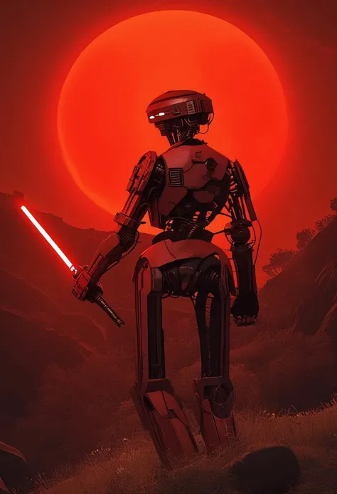 l3-37, a robot standing on a rocky cliff. back turned to the viewer, huge red moon disk illuminating in the background, The robot is dressed in jedi clothing, holding a light saber with a bright glowing red blade in one hand. Clouds stretch around him, and in the distance you can see the dark silhouette of a mountain. An epic and dramatic atmosphere.