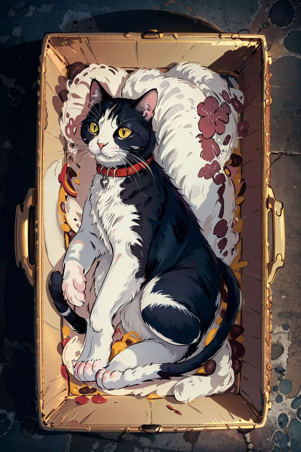 (masterpiece, best quality, high quality, highres, ultra-detailed), <lora:GiftInBoxV1:1>, in box, full body, cat,on back, lying,