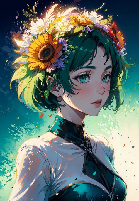 [Colorful flowers in the distance : very pretty girl, Colorful flowers:0.5], (double exposure:1.3), photo by Brandon Woelfelmist, surreal dream, dynamic, lut, hdr,Bright Scene,greenhair,whitedress