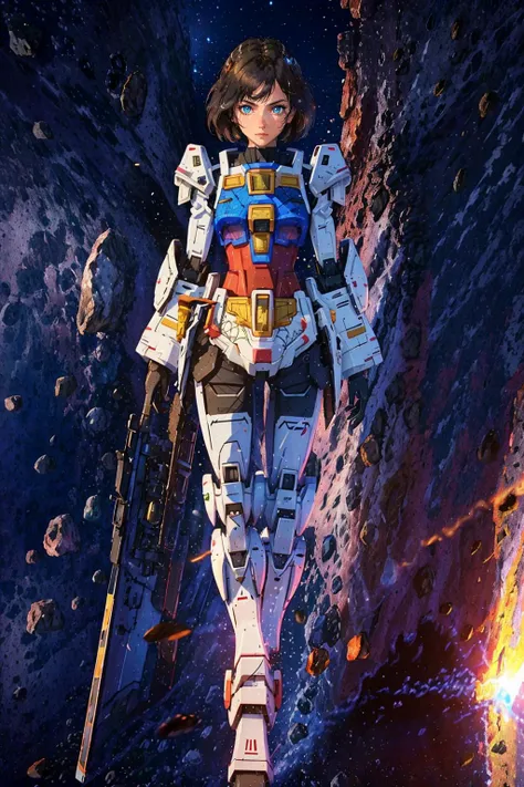 gundam\(rx78\), Ultra-realistic 8k CG, masterpiece, ((ultra-detailed background, delicate pattern, intricate details)), best quality, very detailed face, extremely detailed eyes and face, extremely detailed eyes,1girl, solo, medium breasts, mecha armor, full body, short hair, black hair, blue eyes, sharp eyes, Standing on the surface of the planet, Extraterrestrial surface, Meteorite belt, explosion <lora:gundamRX782OutfitStyle_v10:0.53>, <lora:sunAndShadow_v10:0.85>