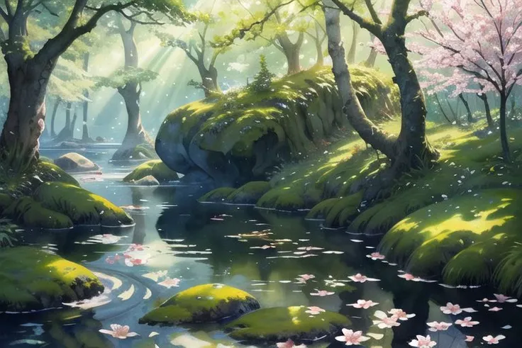 finely crafted nature art, watercolor effects, sharp outlines, nature, rocks, moss, small lake, (spring, petals), trees in blossom, water reflection, (foam, ripples), sunrays, peaceful atmosphere, sunrays, low angle, depth of focus, watercolor art