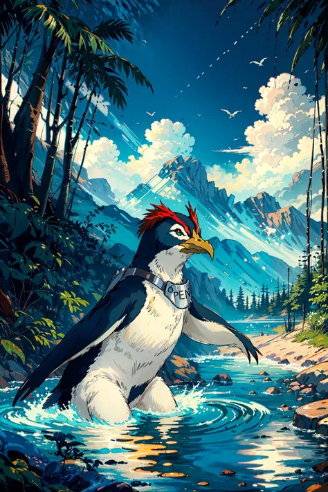 (masterpiece),(best quality),  <lora:Penpen:0.85>, penpen, penguin, animal, animal focus,  green eyes, collar, beak, swimming, cloud, river, mountain, sunlight, forest
