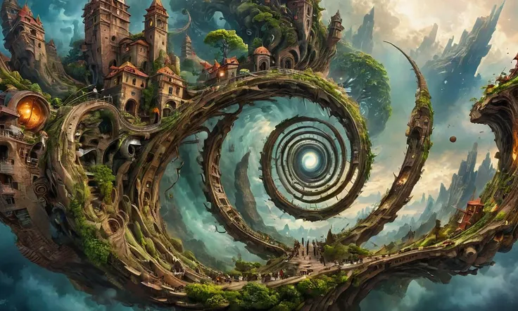 (masterpiece, best quality, ultra-detailed), a surrealistic spiral cityscape, ab0m, ptm0, fenliexl, mixed media, surrealism, Faetastic