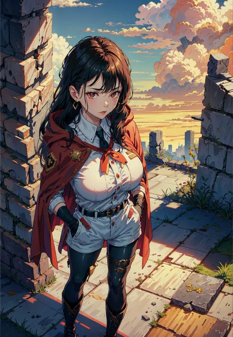 ((Masterpiece, best quality)), 1 girl, breast conscious,super detailed,( ruins after war:1.6),(cowboy shot:1.21), (from side:0.90909091), (from above:1.4641), broken streets, dust, smoke, fog of war, very detailed, (Ruins :0.90909091), hands on top of their own head, (one knee :0.68301346), (tied hair :1.21), (long hair :1.331), (Parted bangs :0.82644628), (Band-Aids :1.21), buttons, (hands in pockets :1.21), (jewelry :0.90909091), Goggles, (large breasts :1.331), (messy hair :0.90909091), medium breasts, (gun :1.331), (Bust size :0.82644628), Ruins, urban Ruins, (War Ruins :1.2), long hair, (white hair :1), Bandaids, belts, Capri Pants, Mechanical leg, Low leg pants, detailed CG, illustration, high, lip, crepe, from below, solo, gray sky, clouds, red eyes, tights, looking at the audience, wire, Fingerless Gloves, hand-held weapons, Cape, Boots, Pantyhose, stockings, Neck Strap, Earrings, Military Uniform, Size :0.82644628), Hair, long hair, bandages, belts, Capri Pants, Mechanical Leg, Low Leg Pants, detailed CG, illustration, Tall, fangs, lips, frown, from below, alone, hood, Black hair, Sky, clouds, red eyes, tights, Cloudy sky, power lines, night, school bags, fingerless gloves, hand-held weapons, capes, boots, pantyhose, stockings, necklaces, earrings, military uniforms,closed mouth,