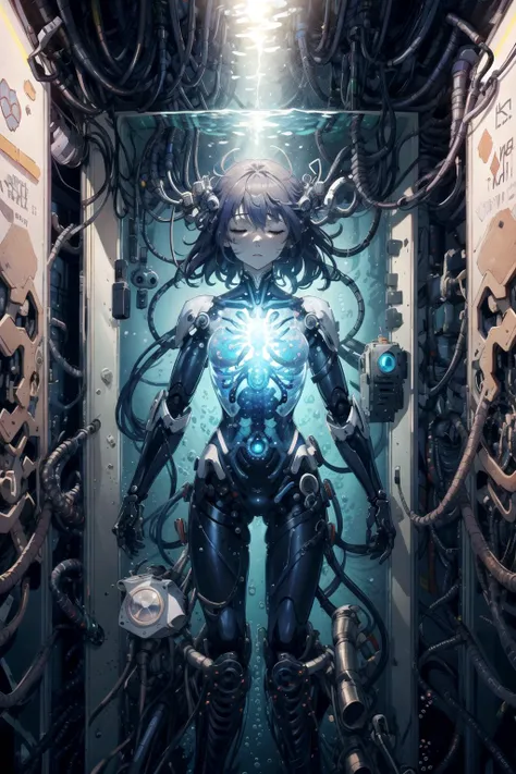 (master part, Qualidade Superior, best quality, Arte Oficial, Beautiful and Aesthetic:1.2), extremamente detalhado,colorido,mais alto detalhado ((ultra-detalhado)), (Highly detailed CG illustration), ((um extremamente delicado e bonito)),Cinematic light,tanque de cultivo,1homem, cabelos longos pretos, sozinho, underwater, cabelos muito longos pretos, bolha, bare foots, bolha de ar, sem roupa, Bodysuit, submerso, tornozeleira, mergulho livre, medium full body naked,machine made joints,Blood Vessels Attached to Tubes,mechanical vertebra attaching to back,mechanical cervial attaching to neck,no expression,wires and cables attaching to neck,wires and cables on the head,foco no personagem,science fiction,sangue,