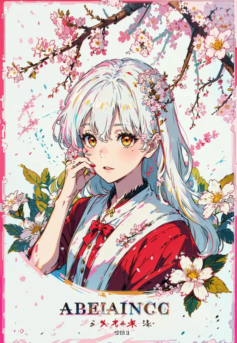 (1girl:1.2), (white hair:1.2), long hair, white eyes, light pink hair ornament, long bangs, hair between eyes, portrait,
white and pink dress, outline,
(hands on own face:1.2)
(white background:1.3), (Brownish red branches full of small white flowers:1.25), (Abelia:1.25), (upper body:1.3), (A splash of colored paint1.15), Movie poster,
<lora:Style_:0.45> <lora:makotoShinkaiSubstyles_offset:0.15> <lora:standingFullBodyWithBackgroundStyle_v10Offset:1.2>