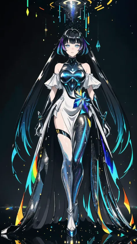 masterpiece,best quality,highres,1girl,liuli2,tall,long straight hair,perfect stature,white dress,fashion pose,bangs,look_at_viewer,chromatic dispersion,metallic_lustre,see_through,(tansparent_plastic:1.3),coloured glaze,Polychromatic prism effect,rainbowcore,iridescence/opalescence,glowing colors,aluminum foil,Glowing ambiance,cybercity_background,Tyndall Effect,<lora:animeoutlineV4_16:0.7>,(dark tone:1.2),