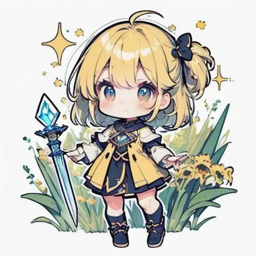 [[ChibiPF]], (chibi), ((3 heads high)), ((full body)), 1girl, solo, adventurer, fantasy world, adventure, (scenes of adventure in background), outdoor, lemmon-yellow and  iris and laurel-green color used in character, ((holding a crystal sword)), (cute pose with item), emotional with body, better hand, arranged hair, (small head), (small face), best quality, ((super thick outline)), ((bold outline)), looking at viewer, detailed background