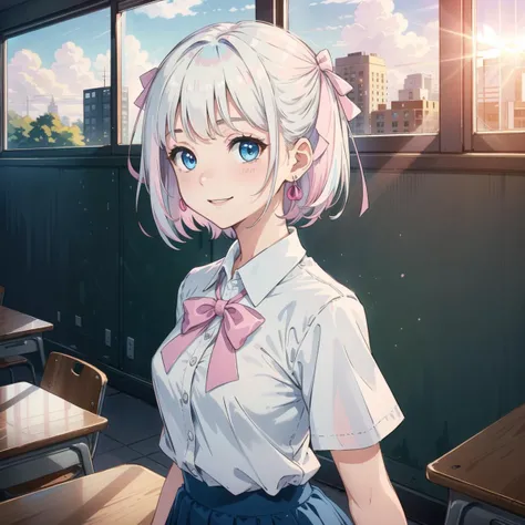 masterpiece, best quality, visual novel, soft natural lighting, straight-on, 1girl, shiny skin, upper body, deep blue eyes, (white hair:1.1), short hair, (pink tips:1.1), (small breasts:1.1), school uniform, (white blouse with ruffles:1.1), (pink ribbon:1.0), blue skirt with white bow, petite body, (small blue earrings:1.0) BREAK
smiling, excited expression, (pink ribbon:1.1) in hair, fair skin with a soft blush, cheerful and energetic demeanor BREAK
classroom, desks, blackboard, sunlight streaming through windows, school atmosphere, (bright light:1.2), clear weather