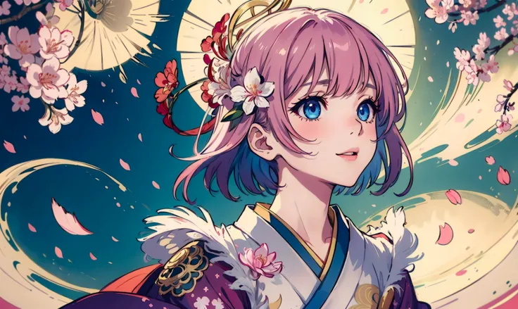 ((masterpiece)), (best quality), (masterpiece, sidelighting, finely detailed beautiful eyes: 1.3),((highly detailed)) ,((ornate decorations))， 1girl,short hair, rainbow hair, japanese armor,Cherry blossom petals fluttering in the sky,holding sword, Back lighting，Japanese architecture, Fighting stance，Patterned kimono，Amaryllis belladonna, <lora:yoneyamaMaiStyle_yoneyamaMaiV2Locon (1):0.7>