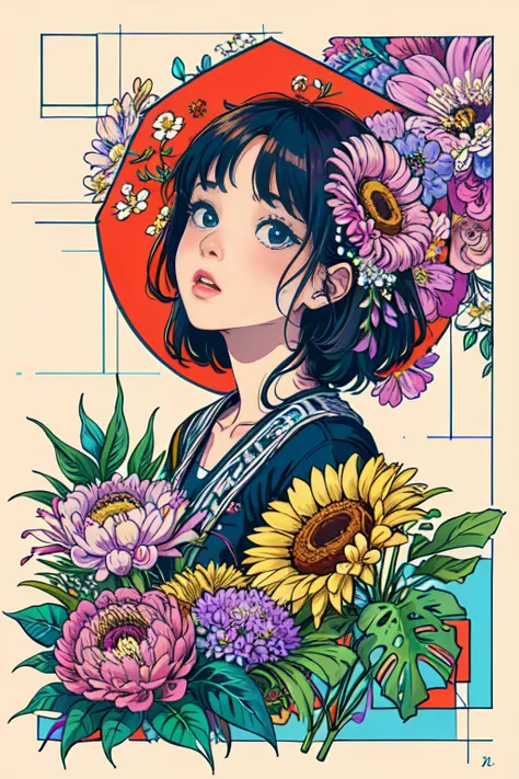 (ultra-detailed background, detailed background), absurdres, highres, ultra detailed, extremly detailed, 1girl, (bunch of flowers:1.3), (zentangle:1.2), (geometric:1.2),(colorful), <lora:cuteGirlMix4_v10:0.35>,