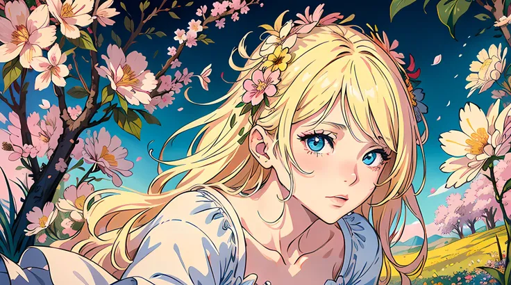 masterpiece, best quality,1girl , (colorful),(finely detailed beautiful eyes and detailed face),laying on flowers,garden ,flowers , petals falling,