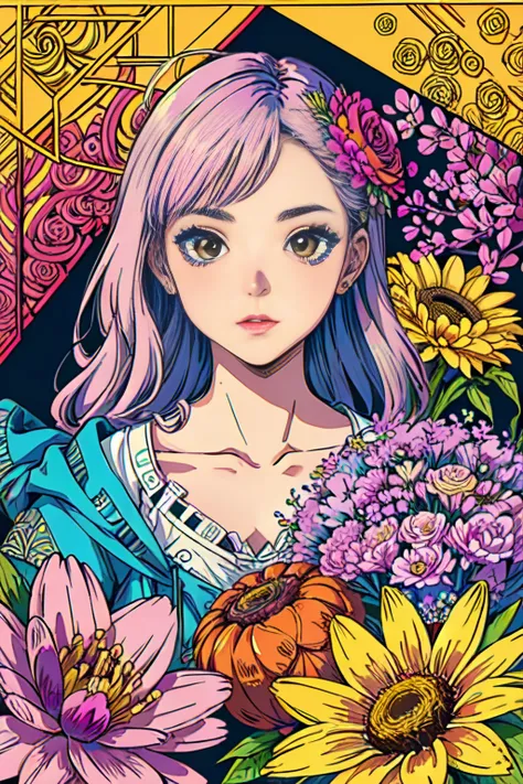 (ultra-detailed background, detailed background), absurdres, highres, ultra detailed, extremly detailed, 1girl, (bunch of flowers:1.3), (zentangle:1.2), (geometric:1.2),(colorful), <lora:cuteGirlMix4_v10:0.35>,