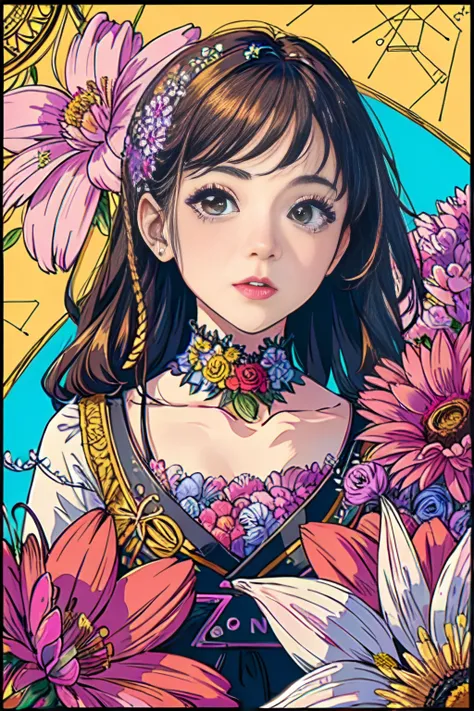 (ultra-detailed background, detailed background), absurdres, highres, ultra detailed, extremly detailed, 1girl, (bunch of flowers:1.3), (zentangle:1.2), (geometric:1.2),(colorful), <lora:cuteGirlMix4_v10:0.35>,