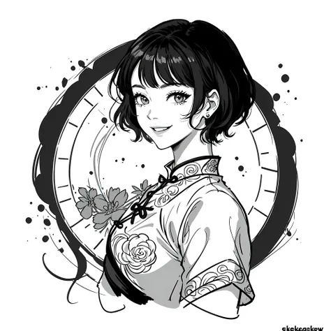 black and white 2d line drawing of a beautiful woman with short hair, beautiful smiling by skelewags trending on artstation, cheongsam, award winning,highly detailed,intricate,masterpiece,best quality