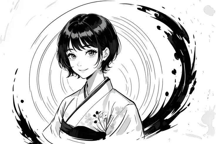 black and white 2d line drawing of a beautiful woman with short hair, dark hair, beautiful smile by skelewags trending on artstation, Korean hanbok, Korean Hanja Script, upper body, award winning,highly detailed,intricate,masterpiece,best quality, wallpaper
