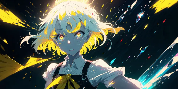 colorful, houseki no kuni,
(masterpiece, best quality, ultra-detailed),
soft lighting, transparent clear hair, glowing hair, glowing white eye,
girl, black short pants, bright skin, white shirts, painful face
bare arm, slender, (glare), (shine), soft lighting, depth of field, strong bokeh, ray tracing,prism light
<lora:beautifulDetailedEyes_v10:0.7>