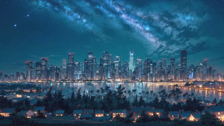 (city skyline:1.1), trees, building, (stars:1.2), shooting star, light haze, (night sky:1.4)
Negative prompt: EasyNegative, traditional, fantasy, fiction
Steps: 20, Sampler: Euler, CFG scale: 7, Seed: 3933834235, Size: 960x540, Model hash: 099e07547a, Model: darkSushiMixMix_brighterPruned, Denoising strength: 0.5, Hires upscale: 2, Hires upscaler: Latent
