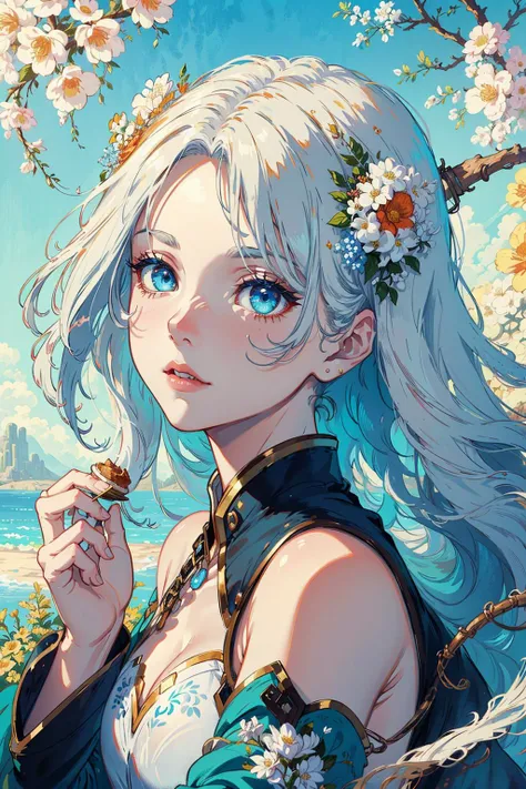 ((masterpiece)), best quality, (colorful), vivid colors, (finely detailed beautiful eyes and detailed face),cinematic lighting,extremely detailed CG unity 8k wallpaper, solo, soft light, (fantasy:1.3), amazing,
a painting of a woman with flowers in her hair, long hair, hd anime wallaper, blue and white theme, hands, artstation samples, porcelain white skin, by Bian Shoumin, cold colour temperture, inspired by Jean Colombe, cinnamon #b57e59 skin color, soey milk, breathtaking detailed, inspired by Raymond Teague Cowern, white haired, cold place, guweiz