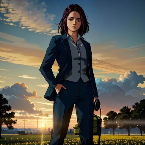 CloverPD,1girl,standing,(facing viewer),farmers field,skyscraper,suit,jacket,pants,masterpiece,best quality,cinematic lighting,colorful,bright, <lora:Clover-10:0.7>