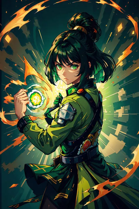 <lora:SushiStyle:0.75>SushiStyle:0.75, solo, masterpiece, best quality, perfect face, medium shot of a Black woman with a shaped body. As a Cyber knight with with choppy bob:0.75 Black hair with gray streaks, (surrounded by intense swirling magical energy:1.2), dominant and intimidating, Chartreuse green colored clothes, intricate and elegant, colorful, vivid, fighting stance