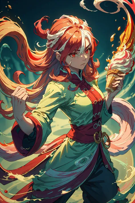 <lora:GelatoStyle:0.75>GelatoStyle:0.75, solo, masterpiece, best quality, perfect face, medium shot of a Southeast Asian man with a small body. As a Ice queen with ringlets:0.75 Red hair with Lavender streaks, (surrounded by intense swirling magical energy:1.2), dominant and intimidating, Terracotta colored clothes, intricate and elegant, colorful, vivid, fighting stance