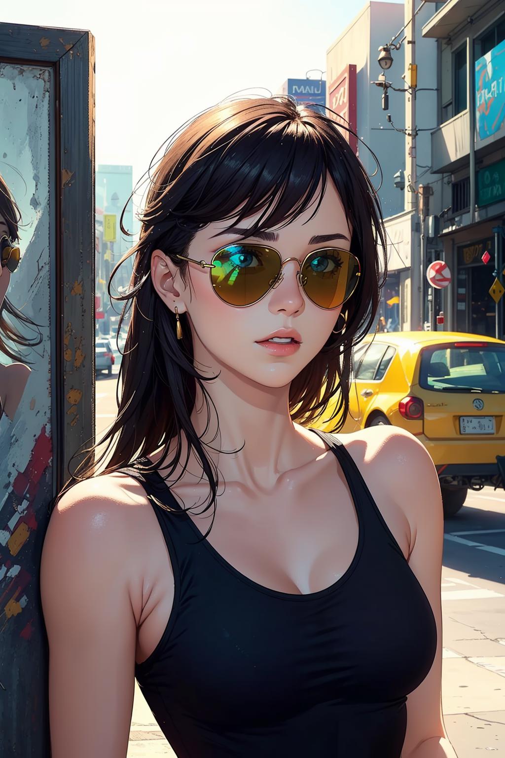 A woman in a black top and sunglasses standing next to a street - SeaArt AI