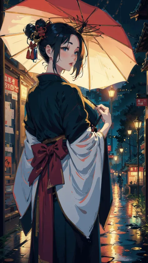 (1girl:1.3), geisha, ((zen)), extreme detailed background, zen calligraphy, unique visual effect. from behind, seductive, charming,Mature woman,(masterpiece:1,2), best quality, masterpiece, highres, original, perfect lighting,umbrella,street,rain,night,Dim light,