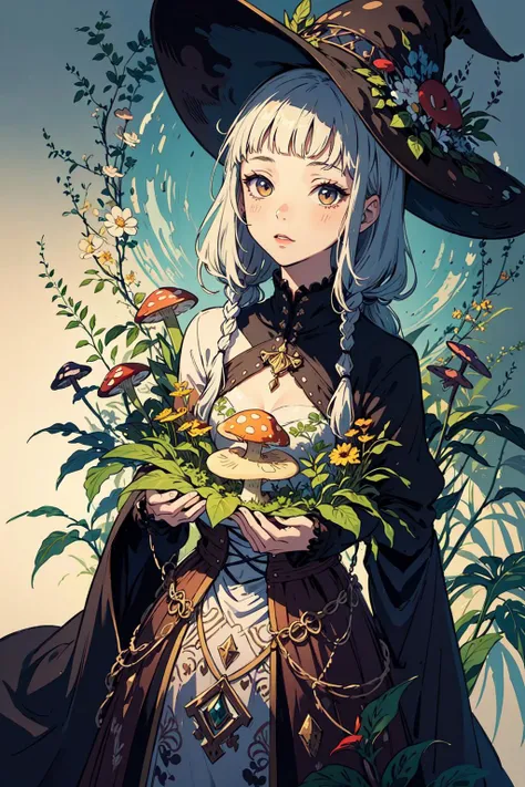 ((masterpiece)), ((illustration)) ((best quality)), (ultra-detailed), ((offical art)), 1girl, mushroom dress, plant magic, mushroom witch