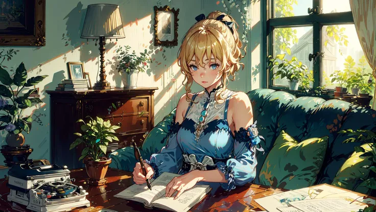 living room, couch, window, curtains, dappled sunlight, potted plant, table, cabinet,bookshelf, paper, desk lamp, typewriter,
,1 girl,<lora:jean1-000009:1>, jeanseabreeze,short hair,perfect body,dynamic angle,