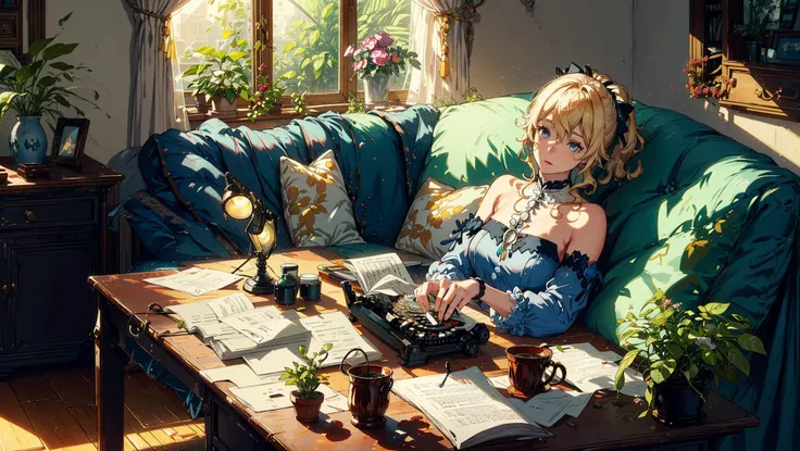 living room, couch, window, curtains, dappled sunlight, potted plant, table, cabinet,bookshelf, paper, desk lamp, typewriter,
,1 girl,<lora:jean1-000009:1>, jeanseabreeze,short hair,perfect body,dynamic angle,