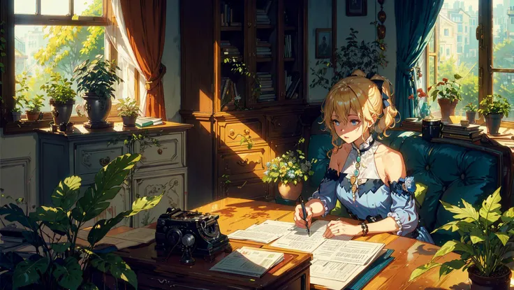 living room, couch, window, curtains, dappled sunlight, potted plant, table, cabinet,bookshelf, paper, desk lamp, typewriter,
,1 girl,<lora:jean1-000009:1>, jeanseabreeze,short hair,dynamic angle,