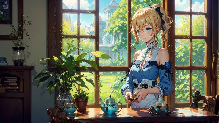 indoor, window, chair, dappled sunlight, potted plant,flower, table, cabinet,bookshelf, paper, batterfly,book,tea, coffee,jar,
,1 girl,<lora:jean1-000009:1>, jeanseabreeze,short hair,dynamic angle,smile,standing,walking,