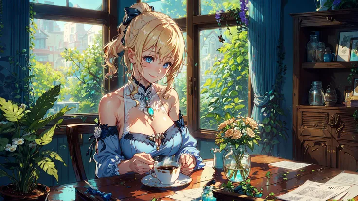 indoor, window, chair, dappled sunlight, potted plant,flower, table, cabinet,bookshelf, paper, batterfly,book,tea, coffee,jar,
,1 girl,<lora:jean1-000009:1>, jeanseabreeze,short hair,dynamic angle,smile,standing,walking,big breast, sexy,