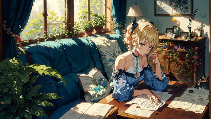 living room, couch, window, curtains, dappled sunlight, potted plant, table, cabinet,bookshelf, paper, desk lamp, typewriter,
,1 girl,<lora:jean1-000009:1>, jeanseabreeze,short hair,perfect body,dynamic angle,