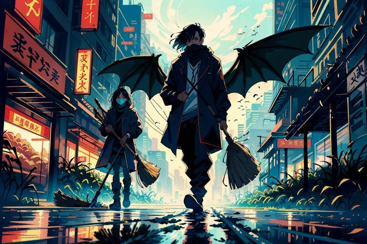 (masterpiece, illustration, best quality:1.2), detailed, intricate, 8k, HDR, cinematic lighting, sharp focus, photo, 
(dragon, dragon holding broom, holding broom, dragon sweeping road with broom:1.2), broom, multiple wings, 
detailed background, road, (cyberpunk city:1.2), cars, people, citizens, passers-by, peaceful life,