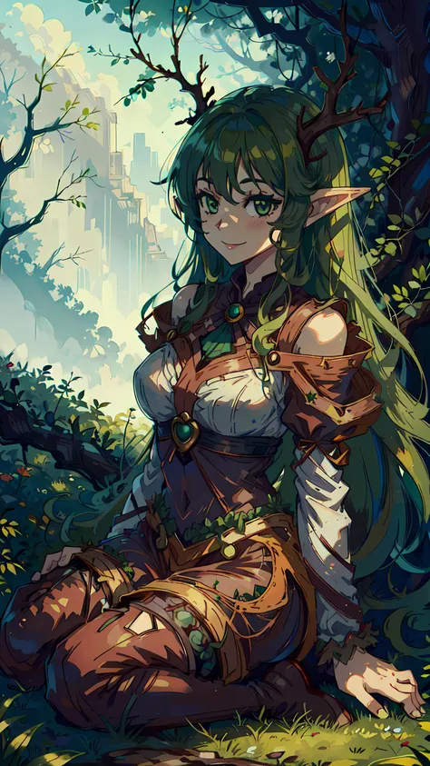 <lora:RootsBranchesAIv5:0.8>, <lora:EnvyGoddessMix01:1> ,RootsBranchesAI, 1girl, elf, pointy ears, green eyes, green hair, long hair, goddess of the nature, sits on the floor, in forest, smile brightly