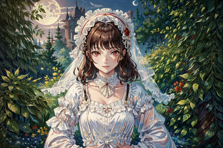 ((high quality:1.2, masterpiece:1.2)), absurdres, high resolution, (8k resolution), 8k, 8kres, 8k res, high details, Sunlight, Edge Lighting, detailed and intricate, intricate details, high intricate details, absurd amount of details,
2 girls, dark hair, (red eyes), smile, fashion, hairband, bonnet, dress, striped sleeves, garter belt, (upper body:1.2),
detailed background, garden, night, stars, moon, castle,
<lora:byrs:0.4>, <lora:add_detail:0.2>, <lora:Loraeyes_V1:0.5>
