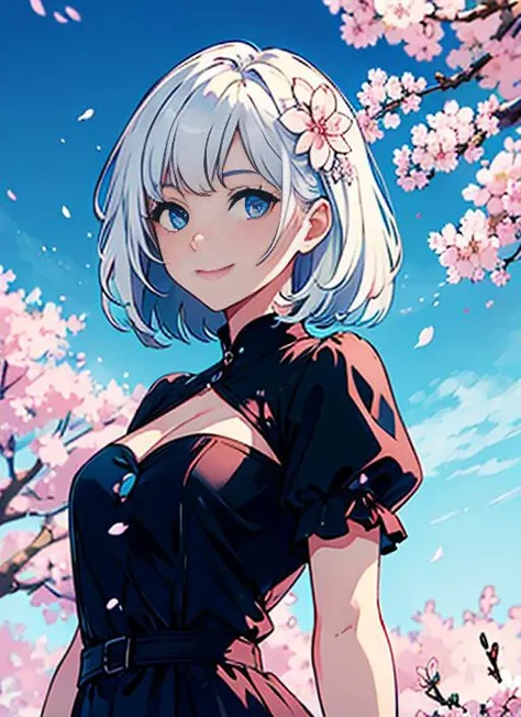 best quality, masterpiece, ultra high res,1girl, white hair, cherry blossoms, white background, blue sky, looking at viewer, hair flower, upper body, blue eyes, light smile, black dress,