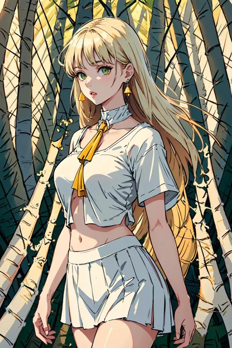 masterpiece, high quality, best quality, beautiful, hd, perfect lighting, detailed face, detailed body, (1 woman), solo, (yellow long hair), green eyes, large breasts, (short white top with open neckline:1.5), (white short skirt:1.4), panties, pussy, earrings, jewelry on the neck, (wind), (birch forest in the background:1.7),