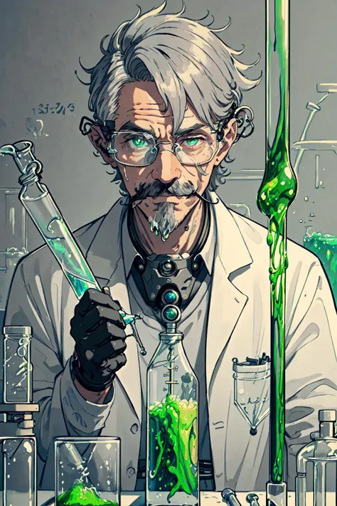 masterpiece, high quality, best quality, beautiful, hd, perfect lighting, detailed face, detailed body, (1 man), solo, (A mad scientist with gray hair:1.6), (gray mustache:1.3), (holding a test tube with a green liquid in his hand:1.4), (against the background of an alchemical laboratory:1.5), (evil smile),