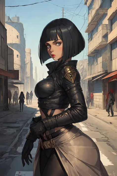 1 beautiful female, heavy metal ,   bobcut
fututristic, city street
enki bilal
realistic,