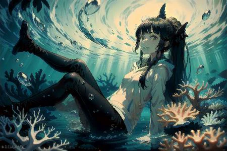 (masterpiece, best quality:1.2), dark theme, (light:1.3), water, water drop, underwater, full of life, bubbles, water bubbles, tropical, seabed