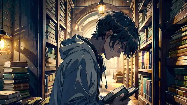 1 male, hidden gem, hidden, book, magic library, (glowing:0.4), soft lighting, masterpiece, <lora:add_detail:0.3>