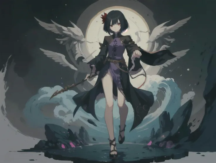 illustration of a dnd character, small cute girl, 19 with black medium length hair and red purple eye, is a caster with a single staff in her hand, shapes body form and sinze, full body, masterpiece, detailed