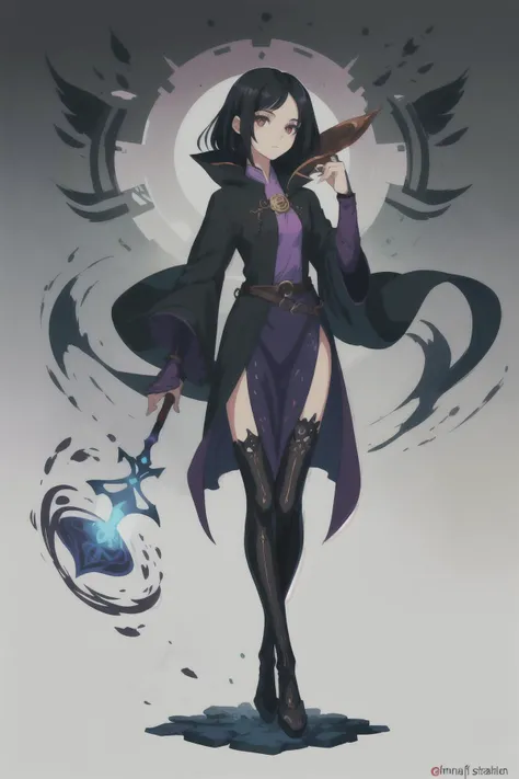 illustration of a dnd character, small cute girl, 19 with black hair and red purple eye, is a caster with a staff in her hand, shape shifter, full body, masterpiece, detailed